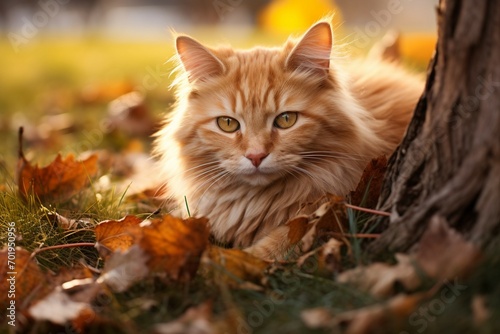 Graceful red cat, eyes ablaze in yellow, lounging on autumn grass