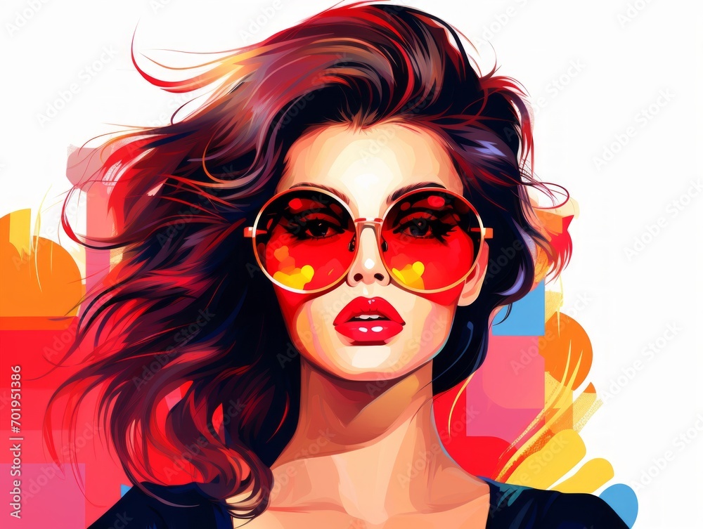 Fashion girl in sunglasses on colorful background. fashion illustration. Generative AI