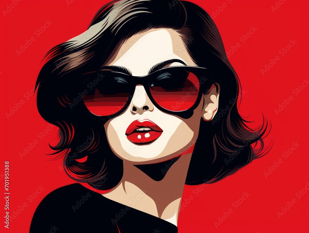 Pop art woman in sunglasses on red background. illustration in retro style. Generative AI Pop art woman in sunglasses on red background. illustration in retro style. Generative AI