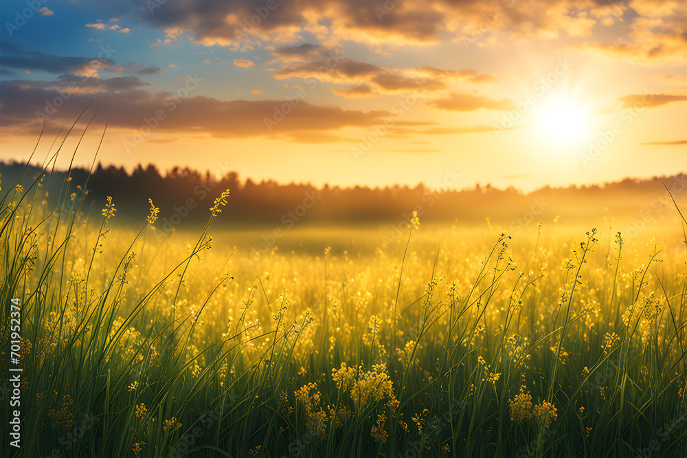 Grass Flowers Field in the Evening at Sunset