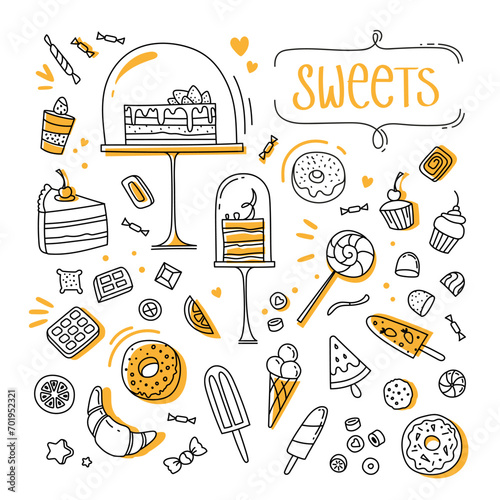 Set of sweets. Vector illustration in doodle style. Sketch set of desserts and bakery products. Design elements for invitation, banner, card and menu.