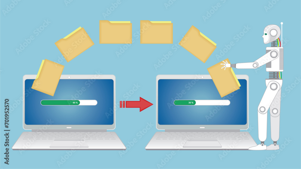 Obraz premium AI robot transferring file to his knowledge. File maps transferrering to other computer. Dimension 16:9. Vector illustration.