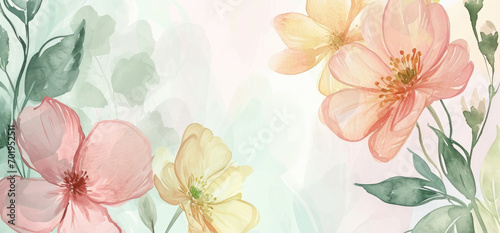 Beautiful watercolor background with pastel flowers and leaves in warm colors