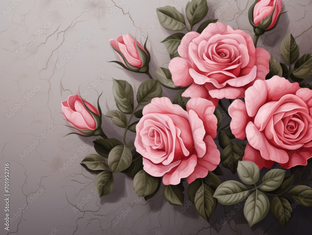 Vintage background with pink roses and green leaves. illustration. Generative AI