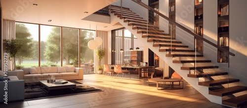 Modern luxury house interior with stairs to 2nd floor. This is fully 3D generated image