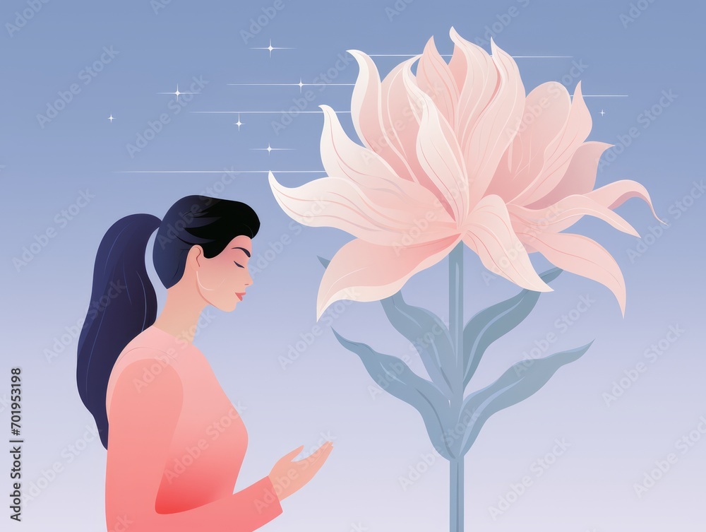 Woman with flower in hands. illustration in flat cartoon style. Generative AI