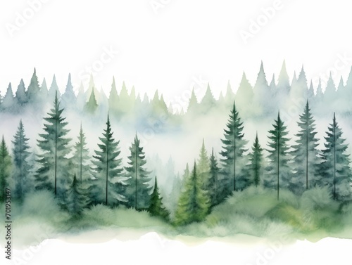 Foggy forest landscape. Watercolor hand drawn vector illustration. Generative AI