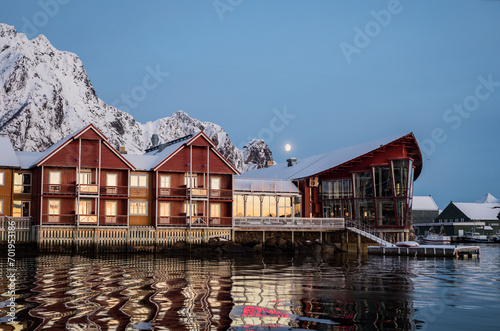  Moonlit Reflections at a Snowy Norwegian Fjord Village