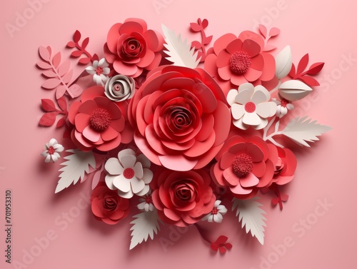 3d illustration of paper cut red and white flowers composition on pink background Generative AI