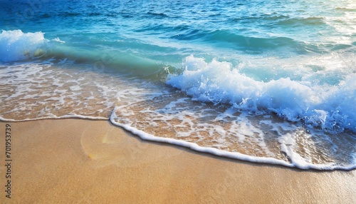 Azure ocean embraces a sunlit beach paradise.