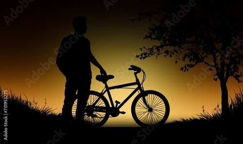 Silhouette of a man on a road holding. A man standing next to a bike at sunset