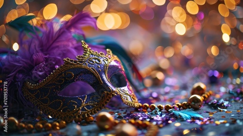 Top view of Mardi Gras carnival mask with feathers and beads decoration © netrun78