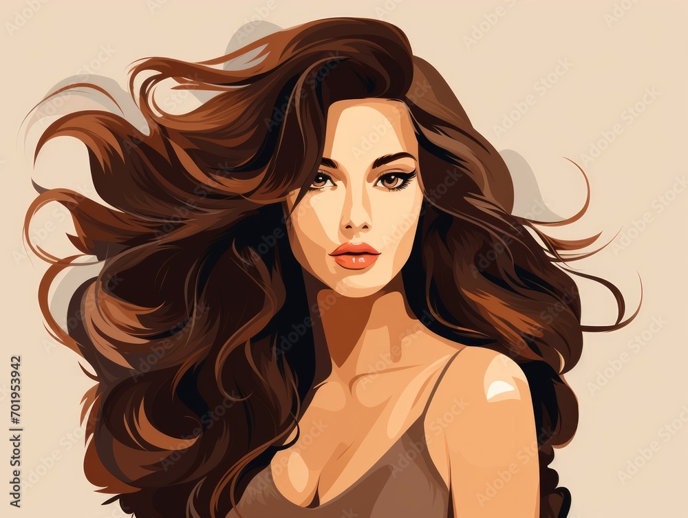 Beautiful woman with long brown hair. illustration of fashion girl. Generative AI