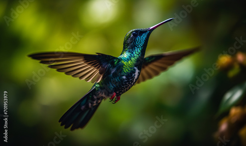 Ultra real macro photography of a flying. A hummingbird flying in the air with its wings spread