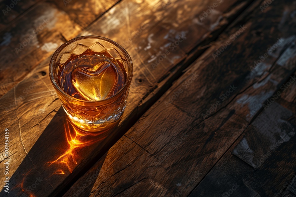 Glass of Whiskey with Ice Heart on Rustic Wooden Table