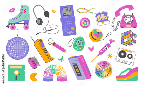 Doodle 90s set. Classic 90s elements in a modern flat, linear doodle style. Hand drawn y2k vector illustration. Fashion badge, emblem
