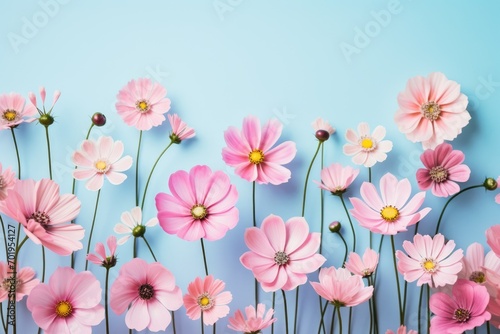 Pink spring flowers on blue background