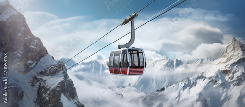 Cable Car and snow covered mountains photo