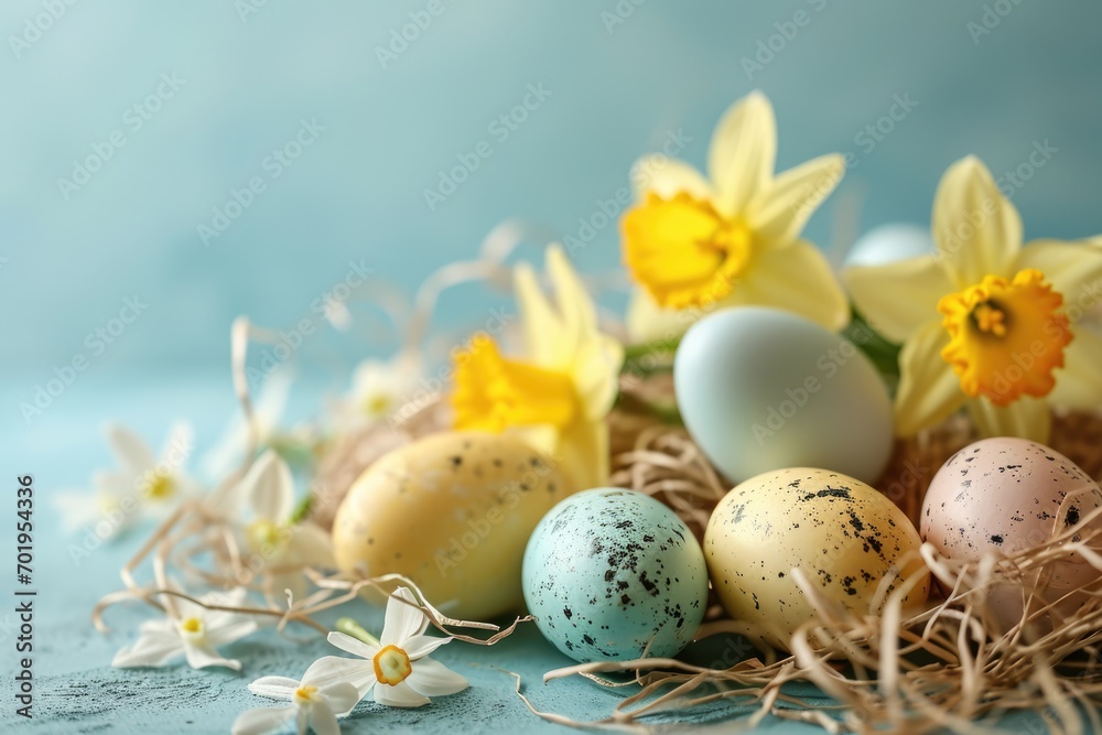 Obraz premium Easter pastel background with colorful easter eggs and daffodils