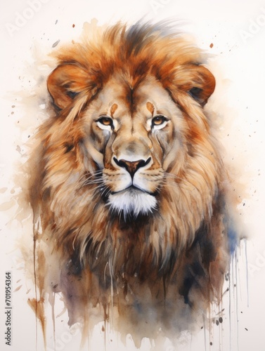 Majestic Lion in Watercolor against White Backdrop AI Generated