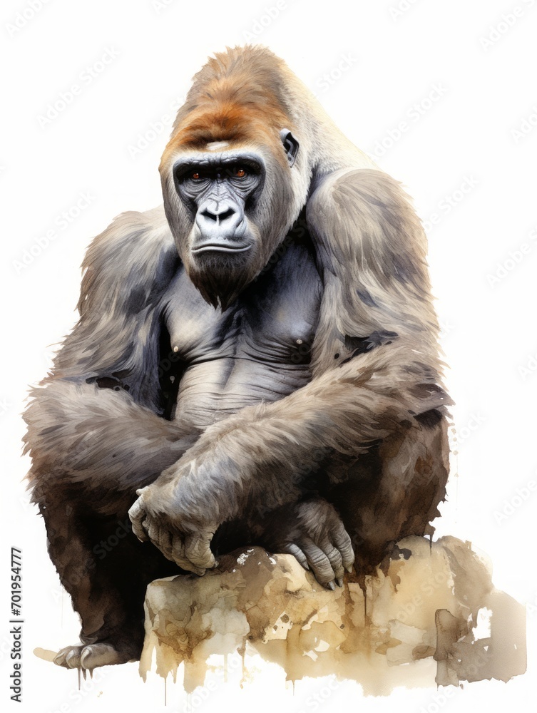 Powerful Gorilla with Thoughtful Expression in Watercolor AI Generated