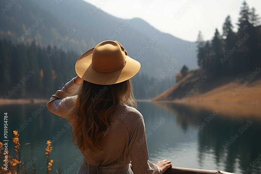 Lakeside bliss Stylish woman in hat cherishes mountain lake serenity