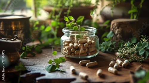 Ashwagandha supplement in plant capsules  medicine of natural origin