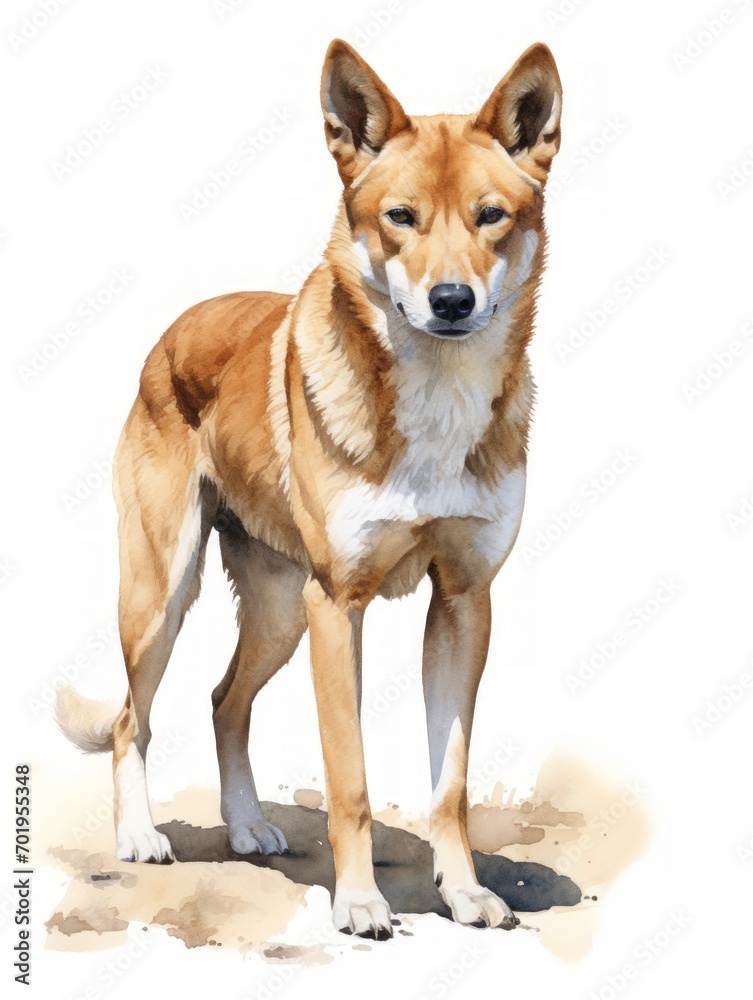 Watercolor Depiction of a Dingo with a Lean Athletic Build on a White Background AI Generated