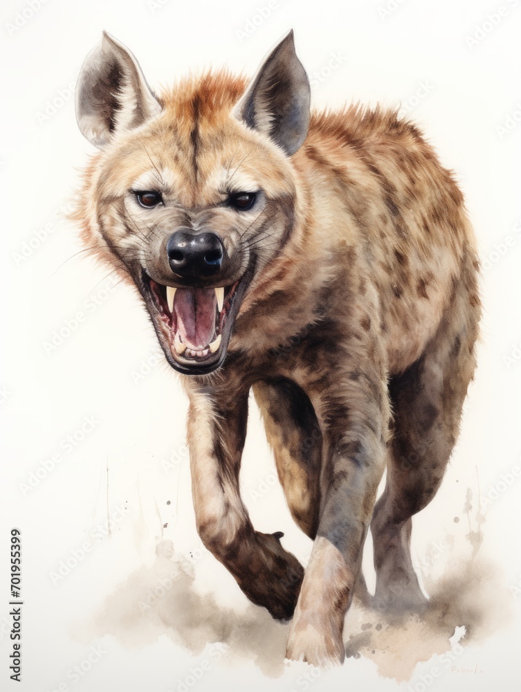 Vibrant Watercolor Depiction of a Hyena with Strong Jaws on White Background AI Generated Vibrant Watercolor Depiction of a Hyena with Strong Jaws on White Background AI Generated