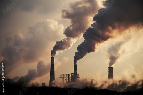 Air pollution Industrial chimneys release harmful emissions, endangering city health