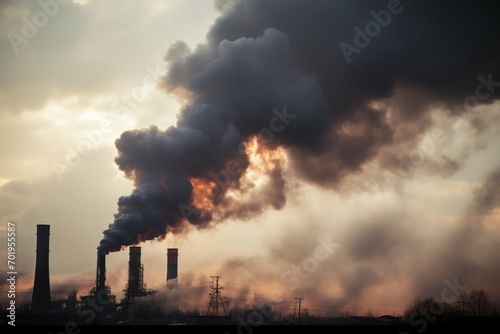 Global warming threat Smoke billows from industrial chimneys, polluting skies © NBXt