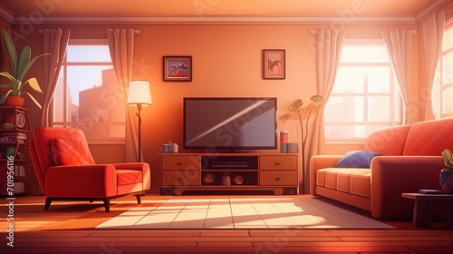 A living room with a large screen, a comfortable sofa and a cinema atmosphere