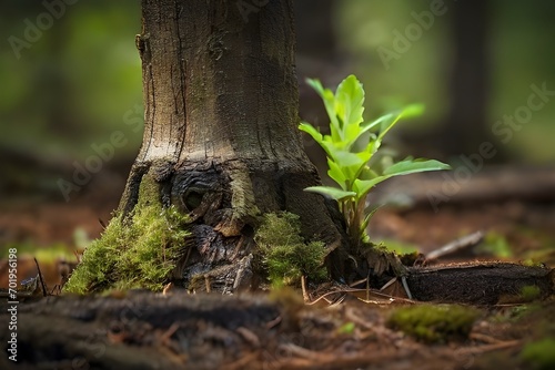 Young tree emerging from old tree stump Generative AI