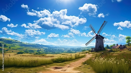 A panoramic view of a windmill that dominates the surrounding nature