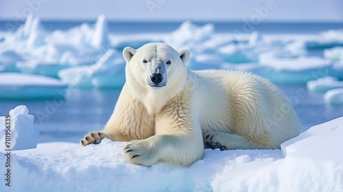 A polar bear on the ice of the Arctic, surviving in cold and harsh conditions
