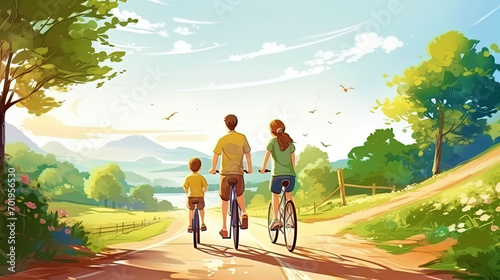 Friendly family on a bicycle walk