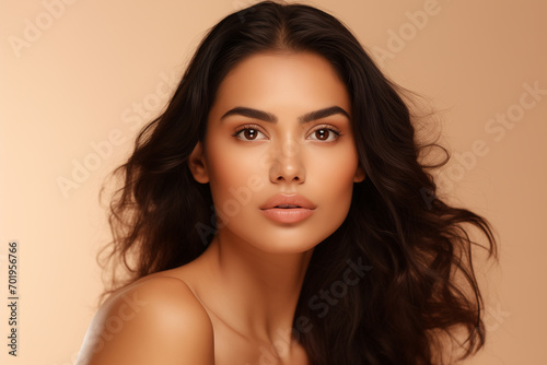 Portrait of a Beautiful Young Latin Woman With Healthy Skin and Natural Looking Makeup on Beige Background