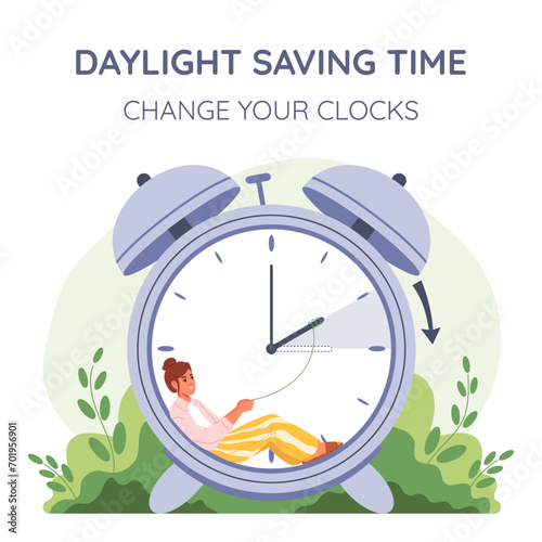 Daylight saving time poster. Girl changes hands of the clock forward an hour during the dst period. Spring forward concept.