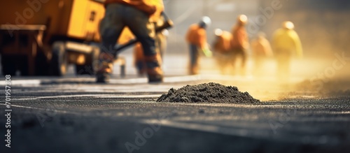 Road construction workers are working on asphalting the road photo