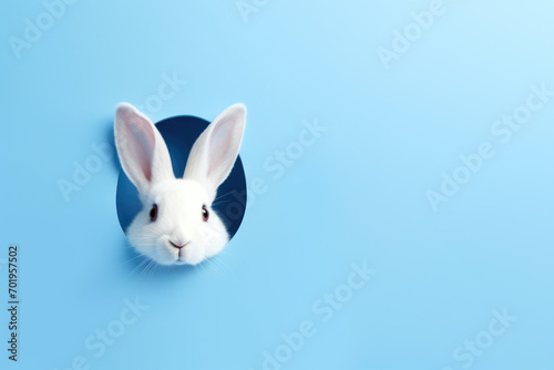 Easter Bunny White Rabbit Leaning Out of Round Hole on Blue Background © fotoyou