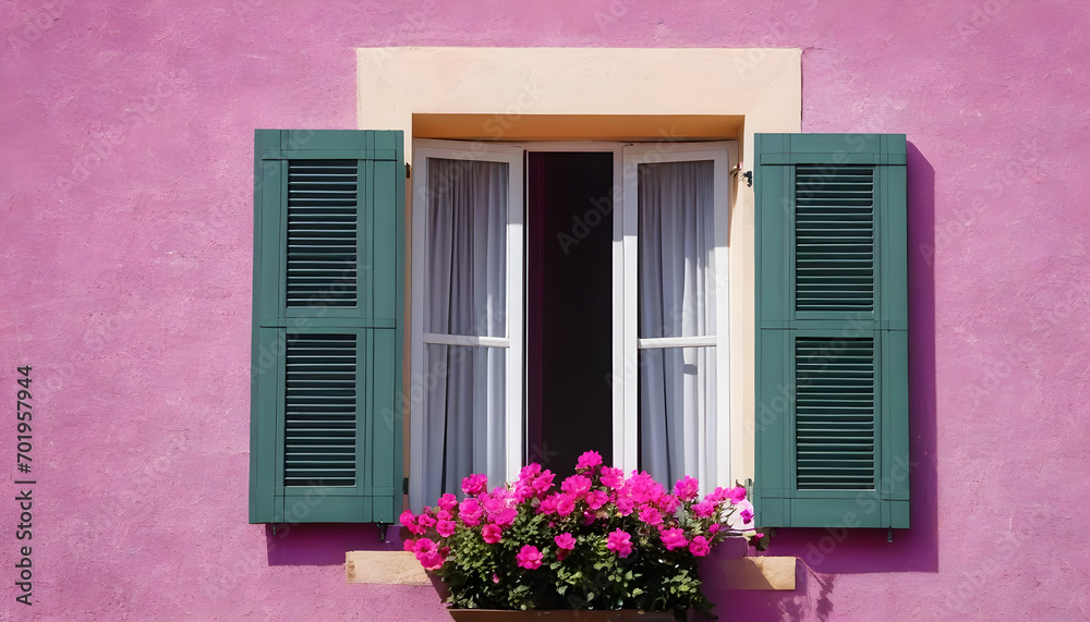 close-up of open window shutters and pink purple flower decorations on sunny summer day nobody architecture wall