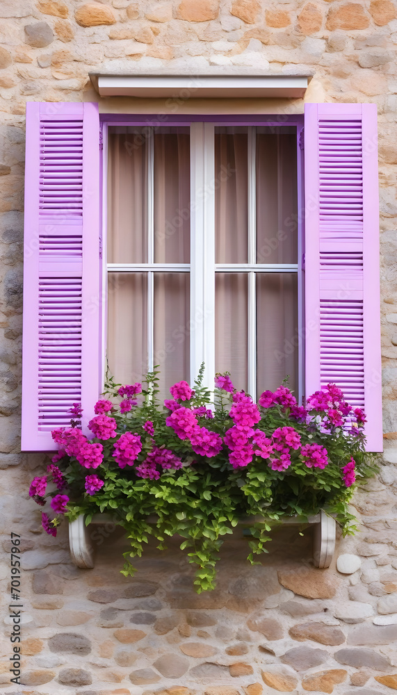 close-up of open window shutters and pink purple flower decorations on sunny summer day nobody architecture wall close-up of open window shutters and pink purple flower decorations on sunny summer day nobody architecture wall