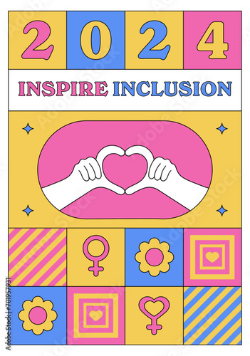 International Women's Day 2024 campaign #InspireInclusion. Geometric abstract poster in the trendy retro Neo brutalism style. IWD 8 March Women's History Month. Inspire Inclusion feminism holiday. 