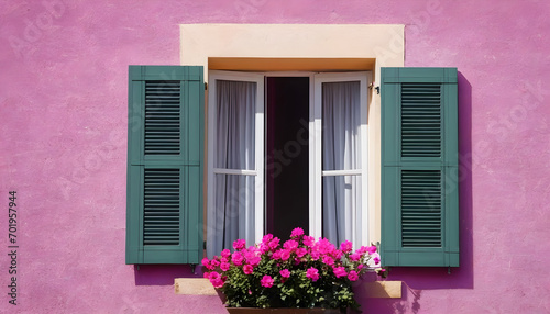 close-up of open window shutters and pink purple flower decorations on sunny summer day nobody architecture wall