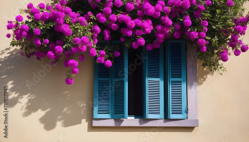 close-up of open window shutters and pink purple flower decorations on sunny summer day nobody architecture wall © Antonio Giordano