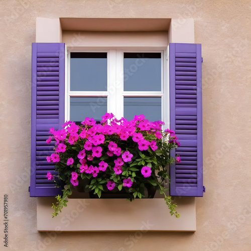 close-up of open window shutters and pink purple flower decorations on sunny summer day nobody architecture wall © Antonio Giordano