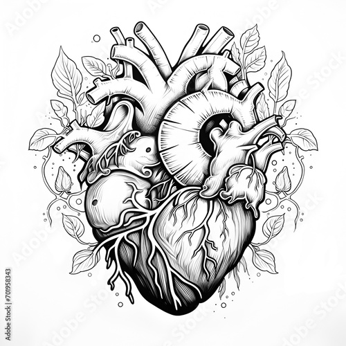 Botanical illustration of human heart coloring page. Coloring book for adults