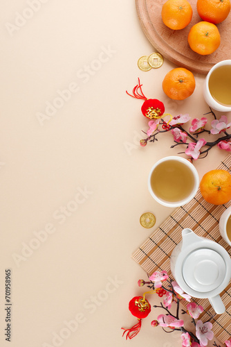 Exploring the сhinese New Year tea ceremony. Top view vertical shot of teapot, cups of tea, mandarins, sakura, lanterns, gold coins on beige background with advert zone