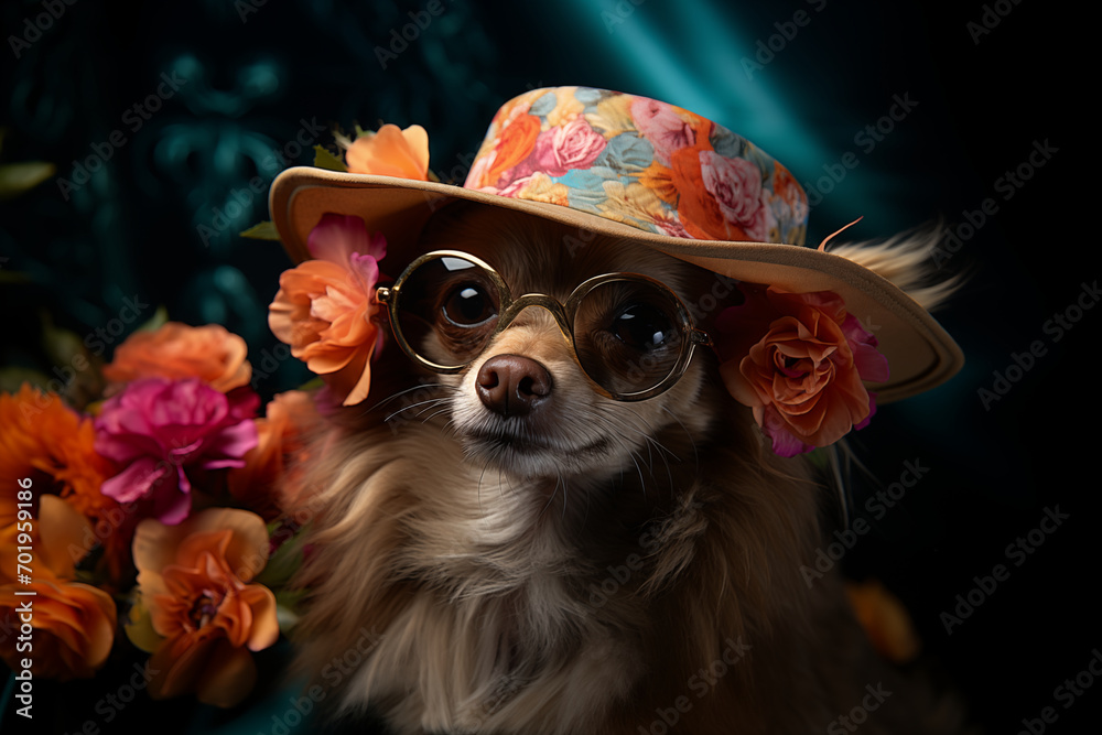 Wizerunek psa, który nosi na głowie kapelusz z kwiatami i okulary przeciwsłoneczne, symbolizujące zabawę i radość. - obrazy, fototapety, plakaty 