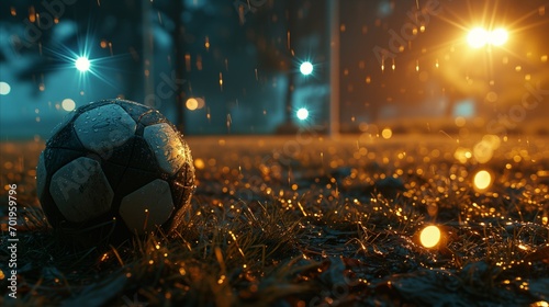 A soccer ball on a grassy field in the rain.